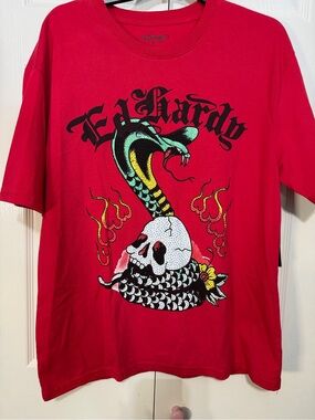 Ed Hardy Red Graphic Tee with Snake & Skull‎